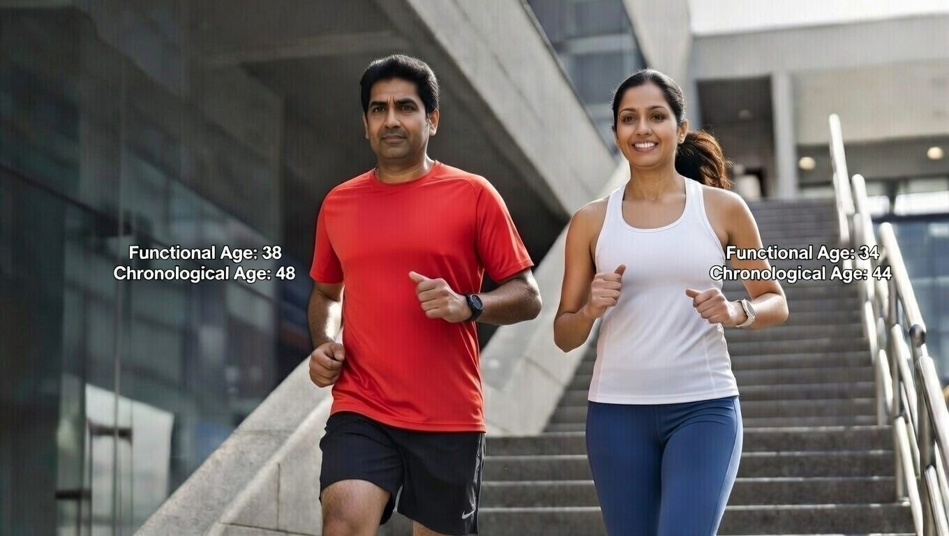 Functional Age demonstration: 48-year-old with functional age of 38, 44-year-old with functional age of 34